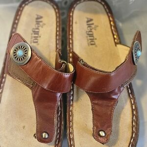 Alegria Brown Leather Thong Sandals with Turquoise Accent